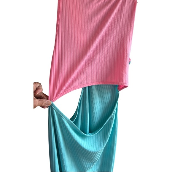Women's blue yellow pink sleeveless ribbed cotton polyester cutout maxi dress - Picture 4 of 6